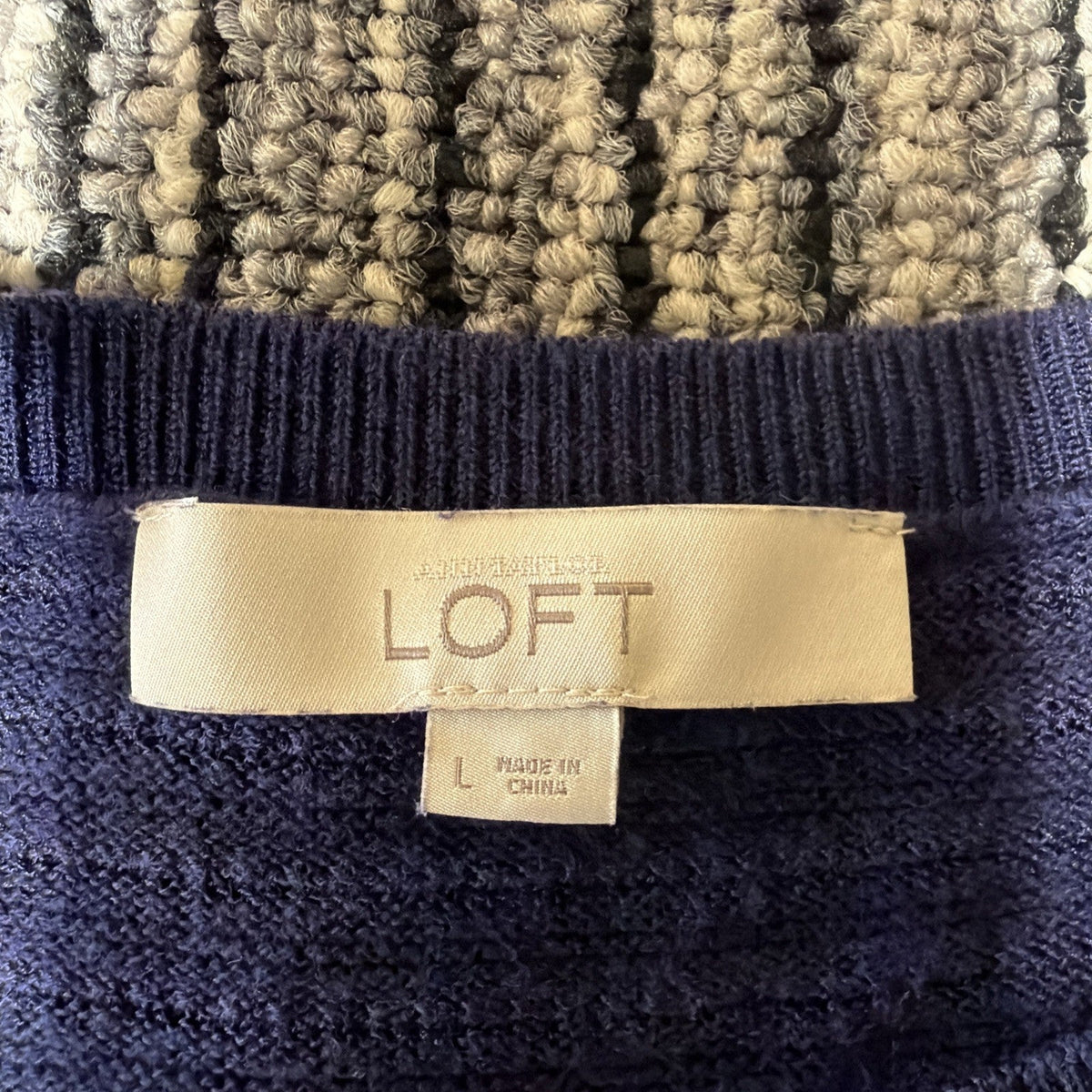 LOFT NAVY BLUE TEXTURED KNIT CLASSIC 3/4 SLEEVES CAREER SWEATER SZ: L