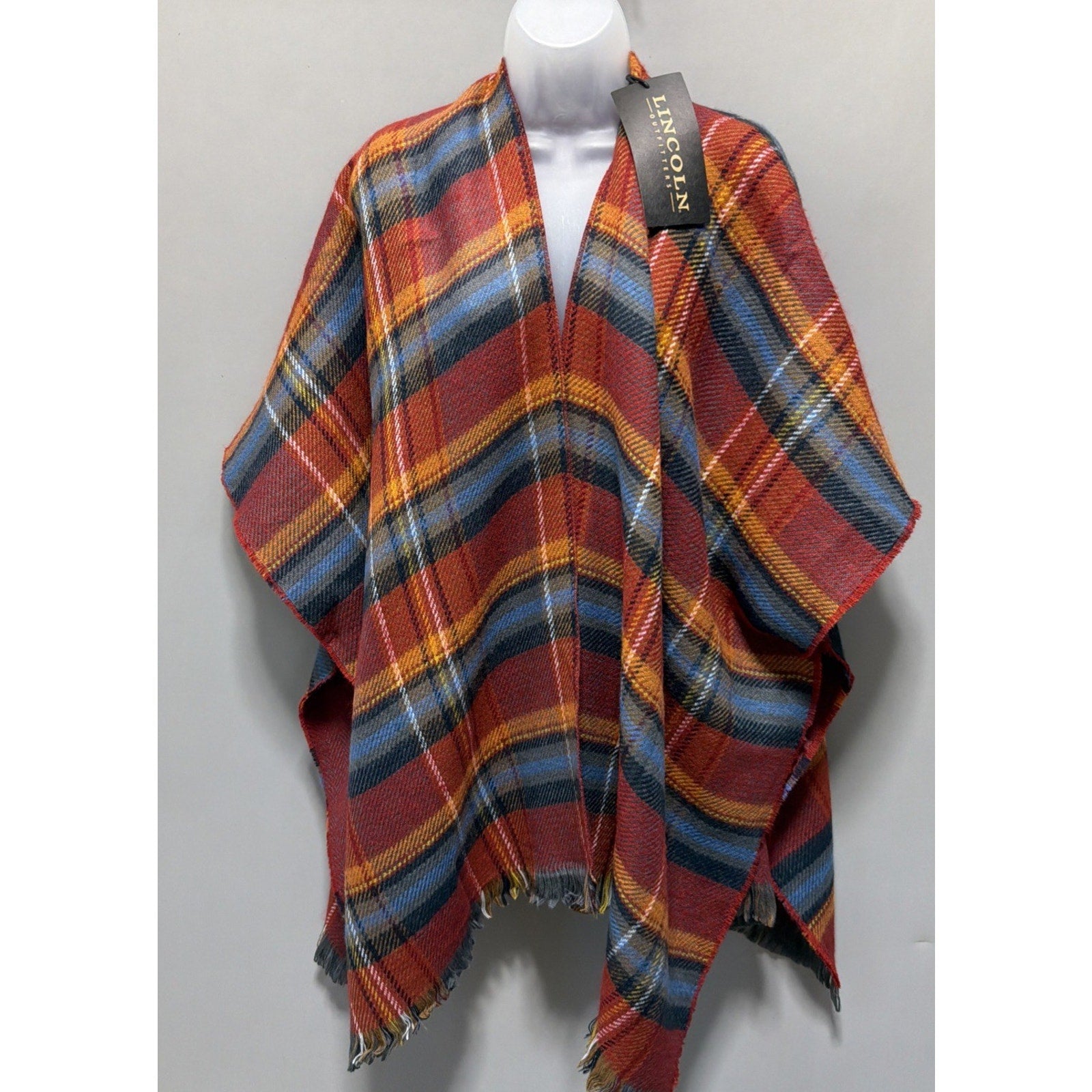 Lincoln Outfitters Women Poncho One Size Shawl Cape Plaid Scarf Finge Multicolor