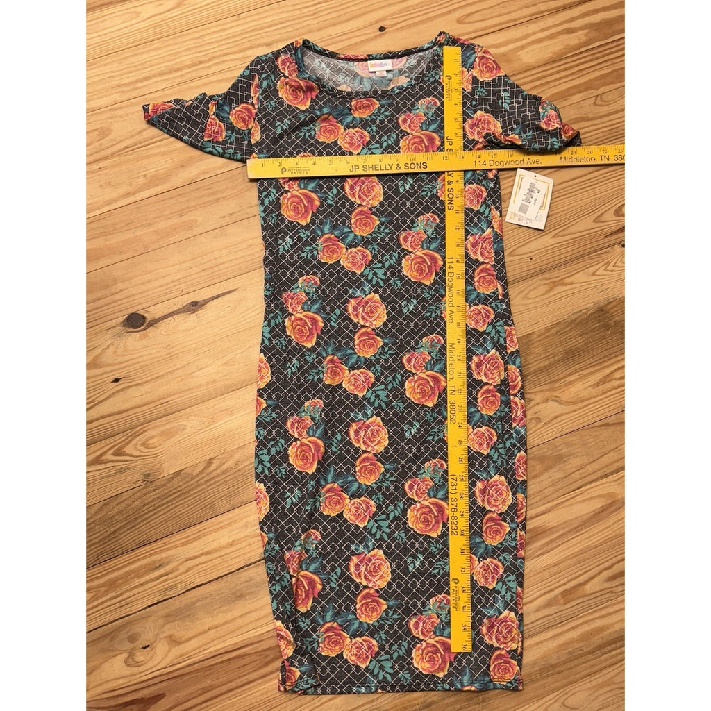 Lularoe Julia Sheath Dress Black Teal Floral Roses Short Sleeve Women’s XS NWT