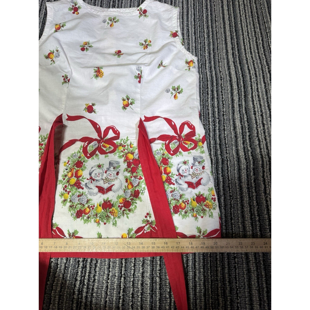 Vintage Christmas Cobbler Apron Snowman Wreath Red Bow Pockets Holiday Smock
