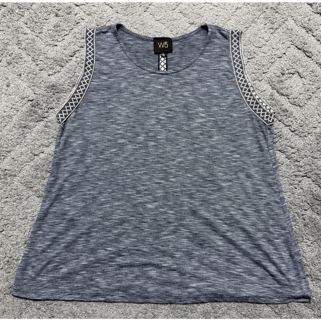 Anthropology W5 Womens Top Sz L Blue White Blouse Aztec Trimmed Arms