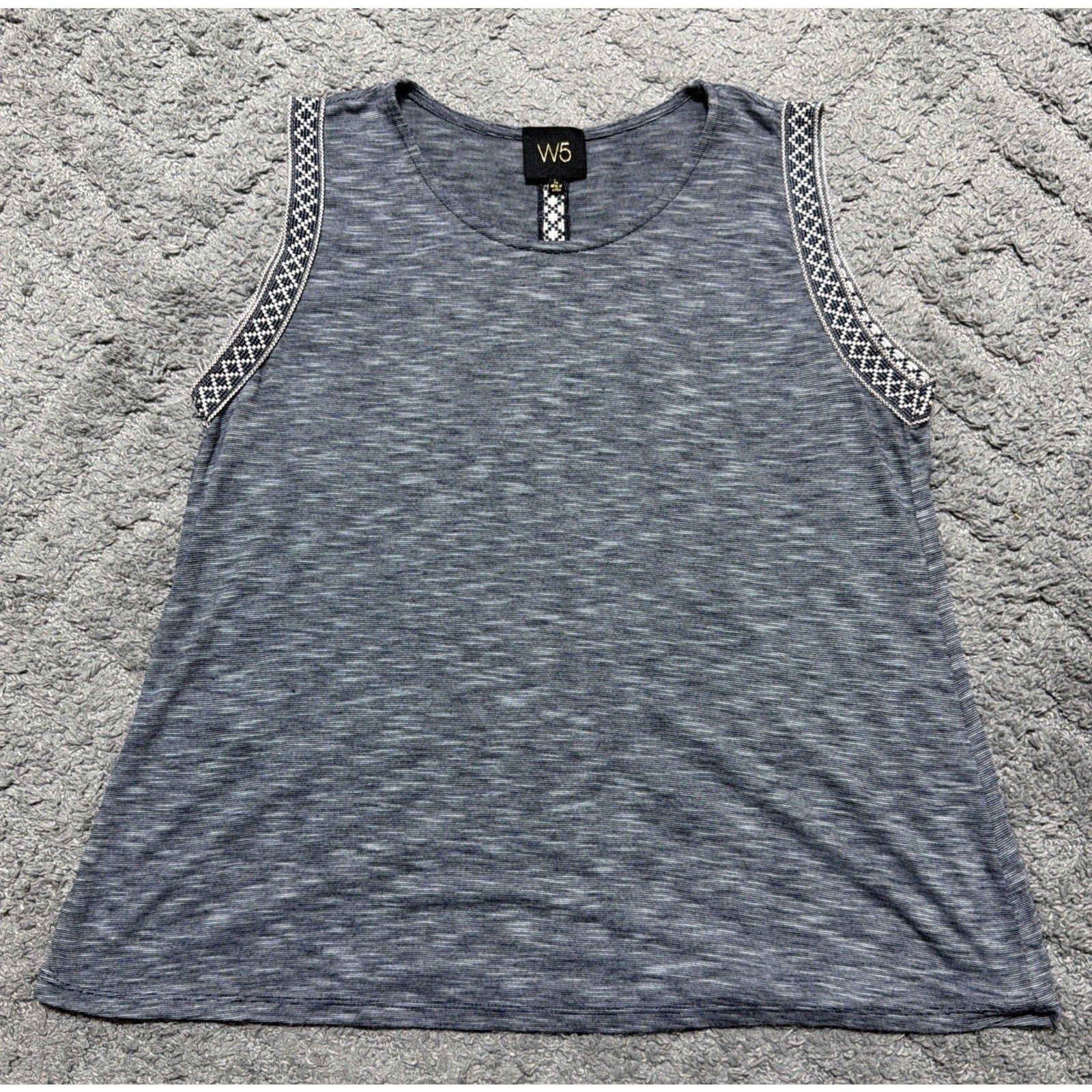 Anthropology W5 Womens Top Sz L Blue White Blouse Aztec Trimmed Arms