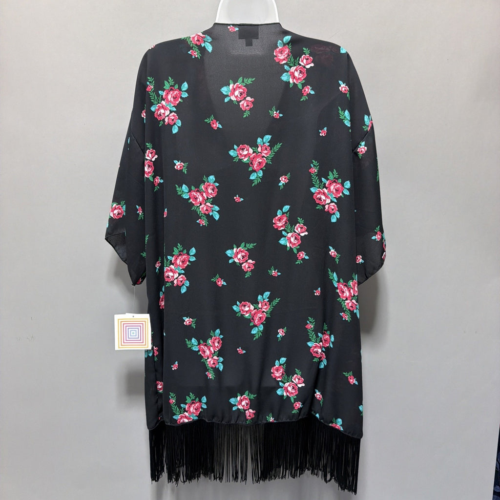 Lularoe Monroe Large NWT Kimono Open Cardigan Black Floral Fringe Hem Detail