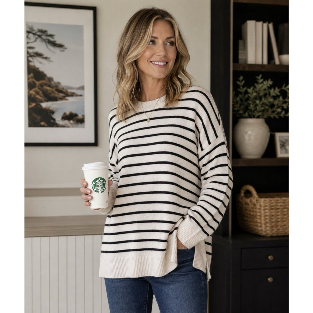 Thread and Supply Women's XL Ivory Black Sweater Knit Crew Neck Stretch . New