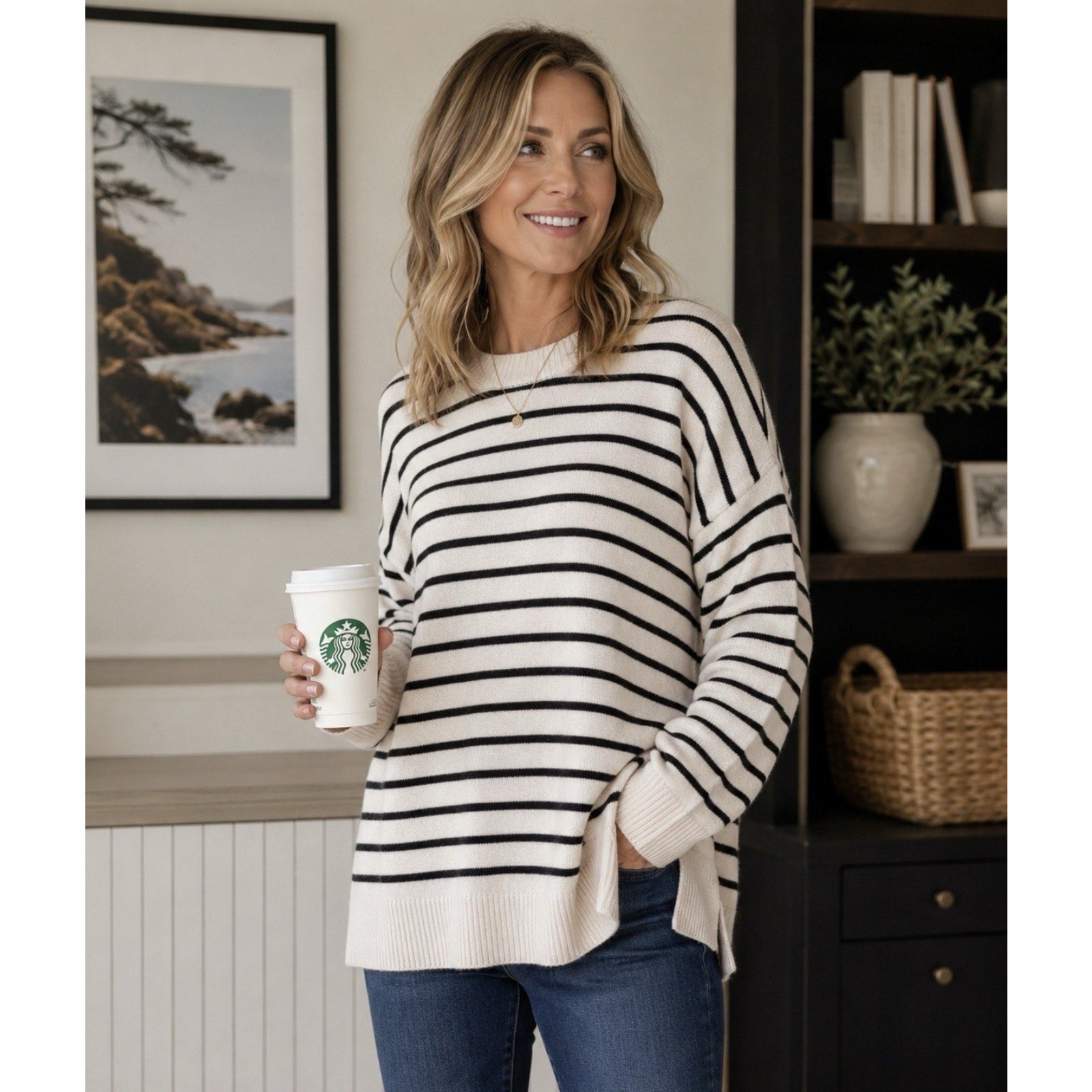 Thread and Supply Women's XL Ivory Black Sweater Knit Crew Neck Stretch . New