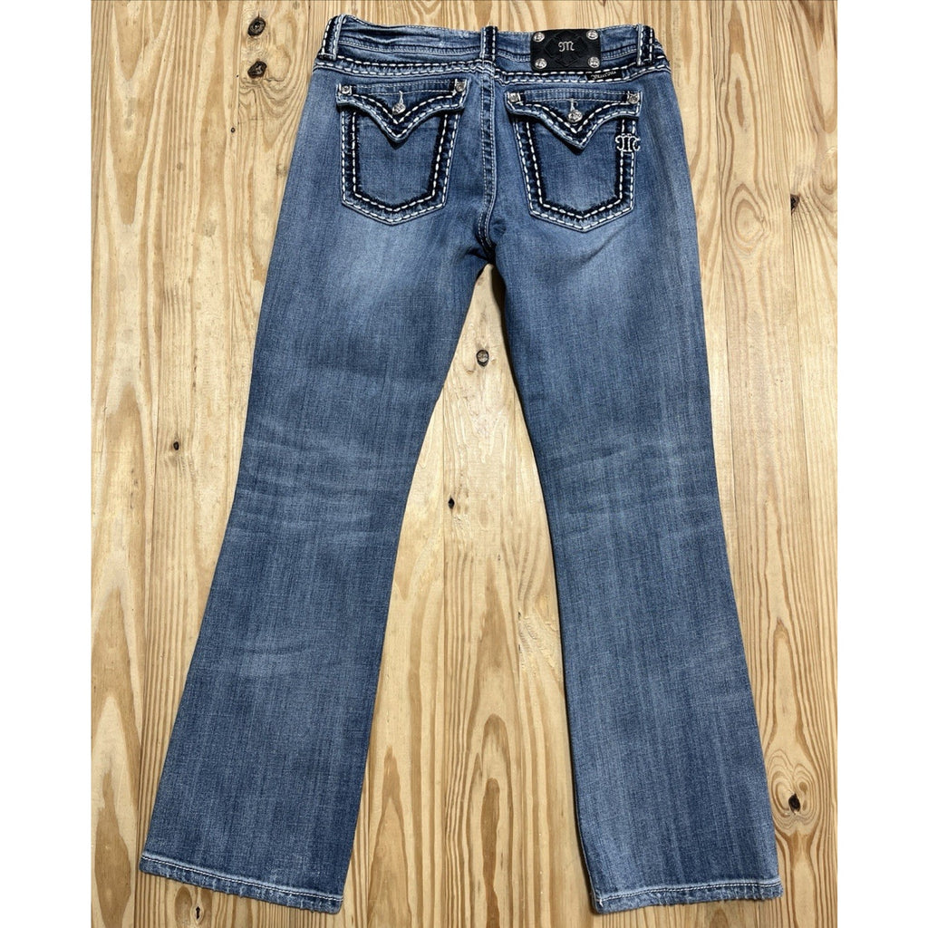 Y2K Miss Me Signature Easy Boot Bootcut Jeans Embellished Flap Pockets 28x29