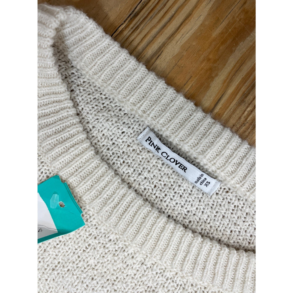 Womens Pink Clover Color Block Knit Sweater Cream Black Gray Long Sleeve Size XS