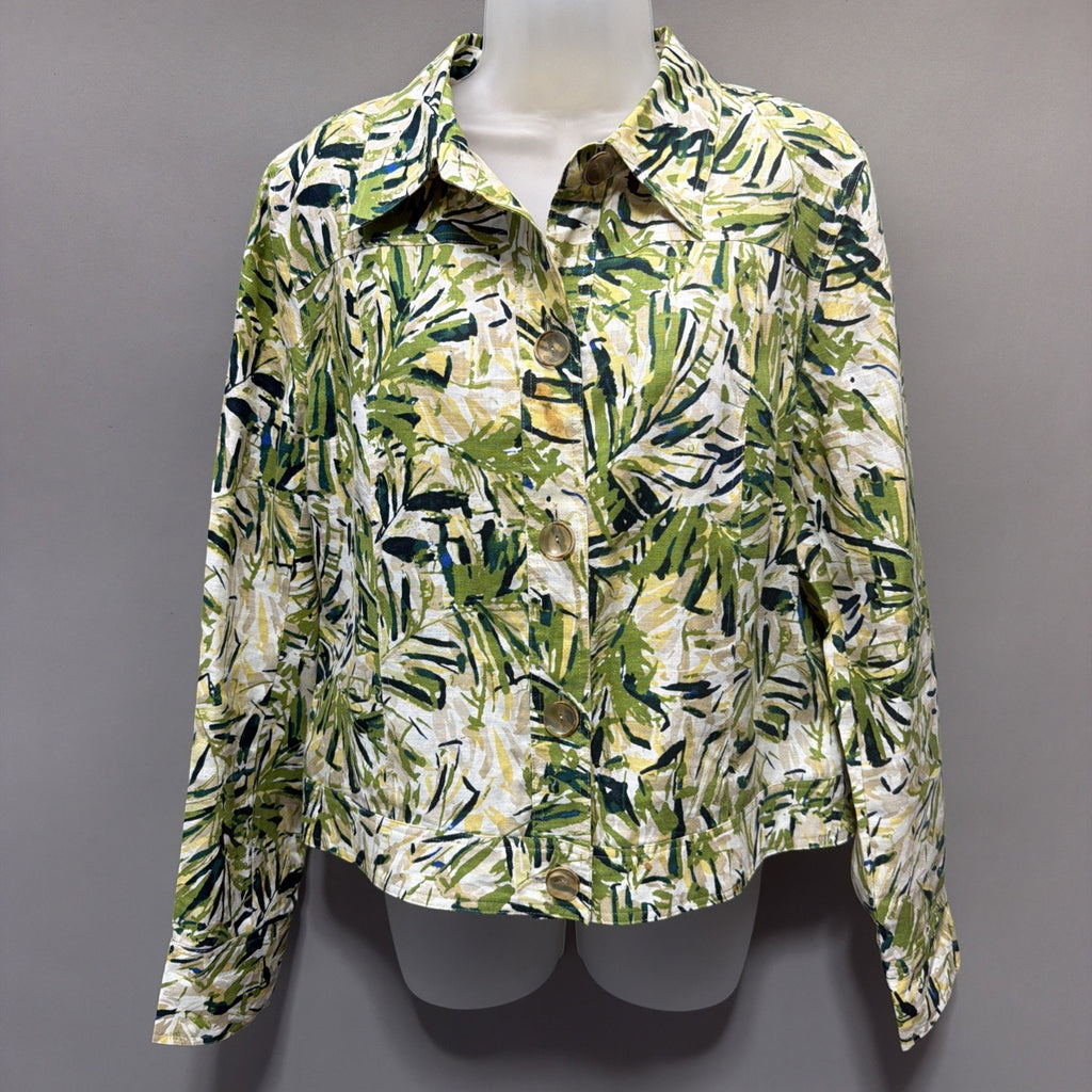 DANA BUCHMAN SIZE 12 100% LINEN BOMBER JACKET PALM PRINT LINED
