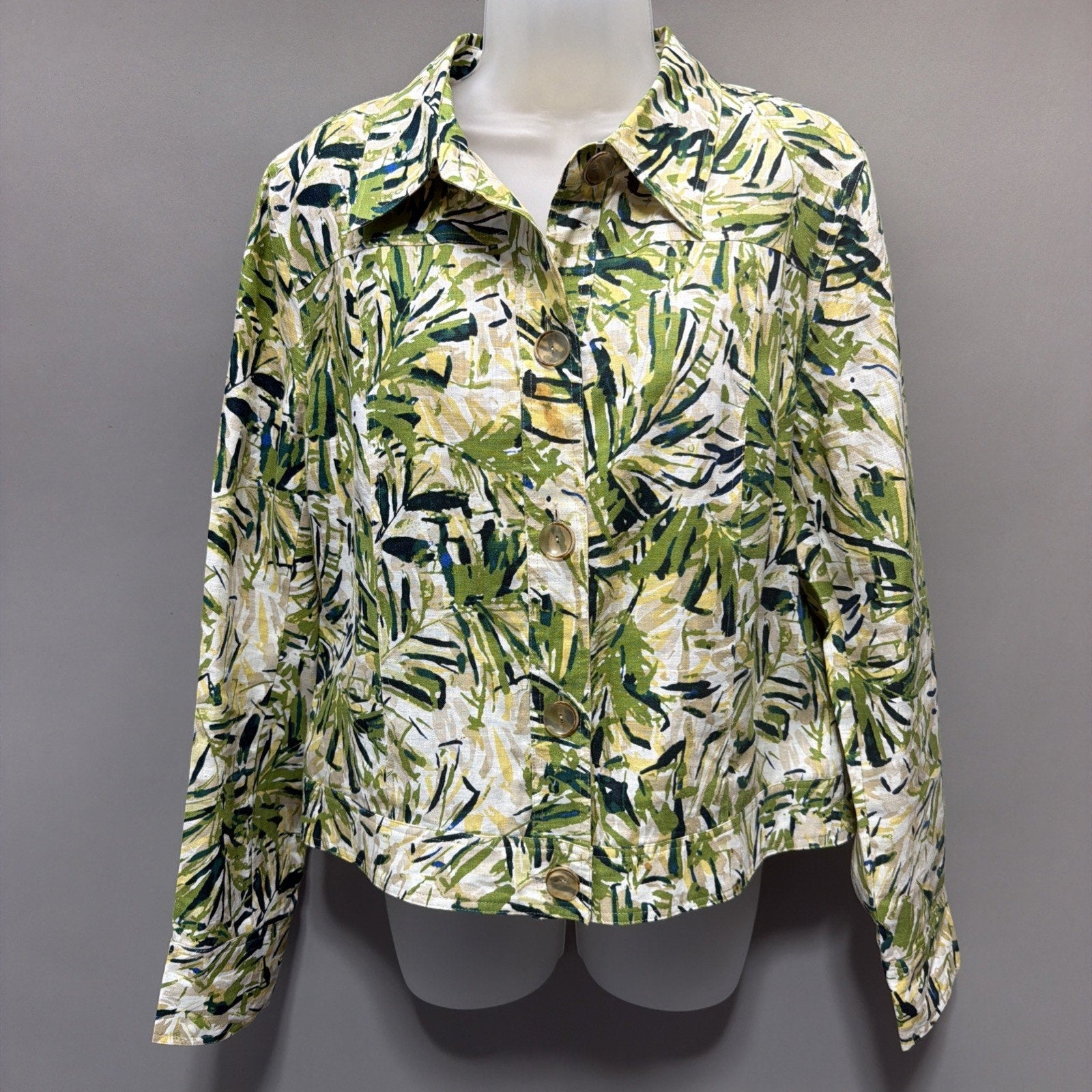 DANA BUCHMAN SIZE 12 100% LINEN BOMBER JACKET PALM PRINT LINED