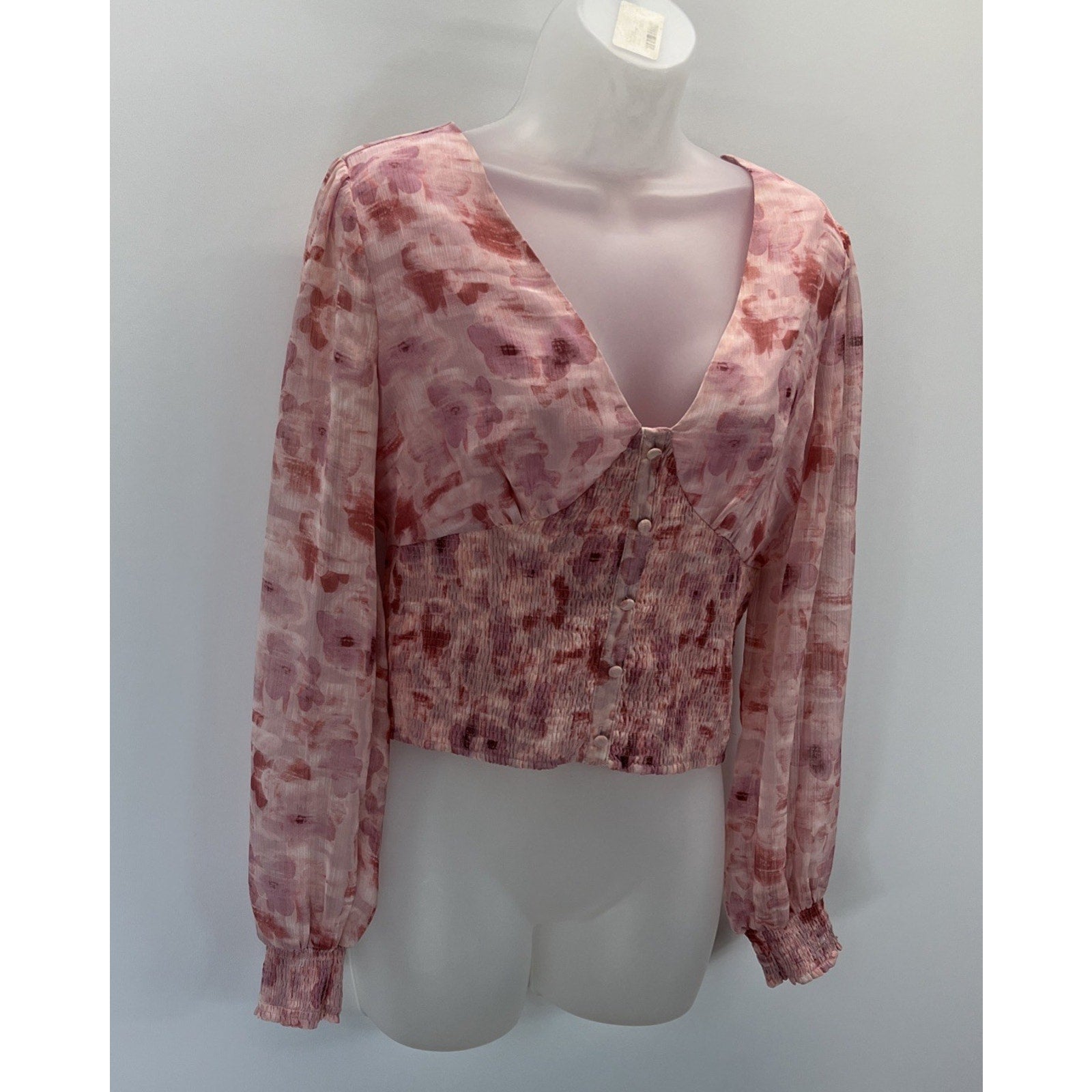 Bar III Top PInk Floral-Print Smocked-Waist Women Sz M NWT