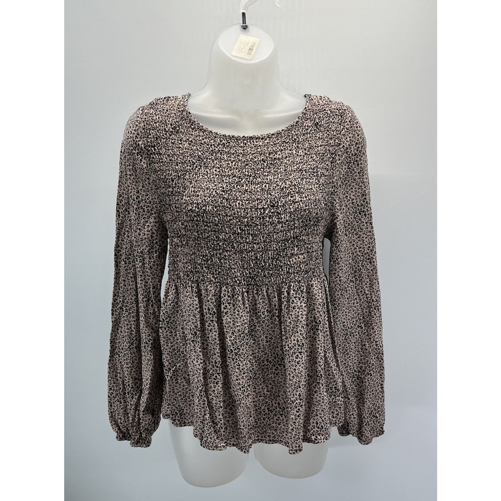 Urban Romantics Blouse Women Large Cream Black Dotted Smock Long Sleeve Peplum