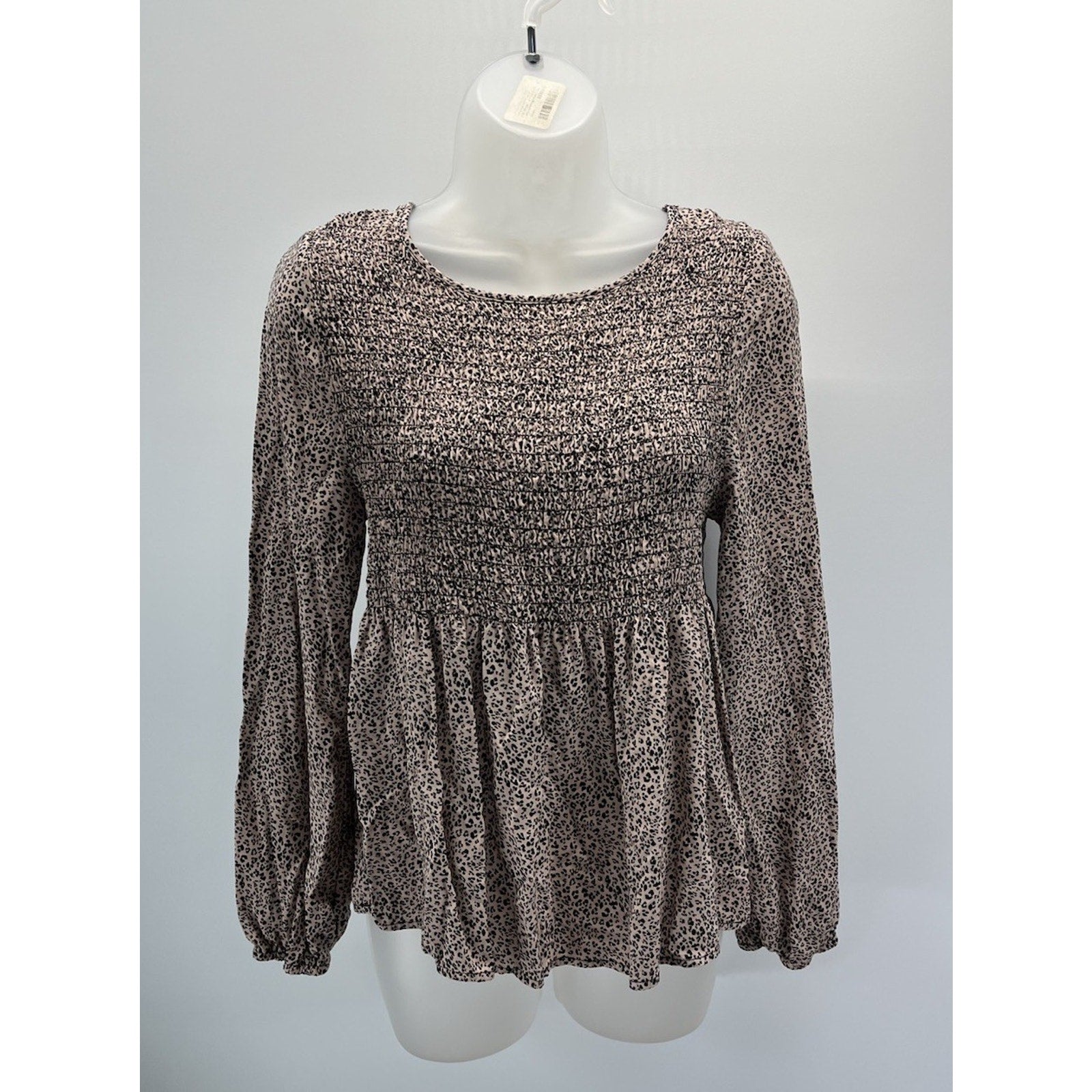Urban Romantics Blouse Women Large Cream Black Dotted Smock Long Sleeve Peplum
