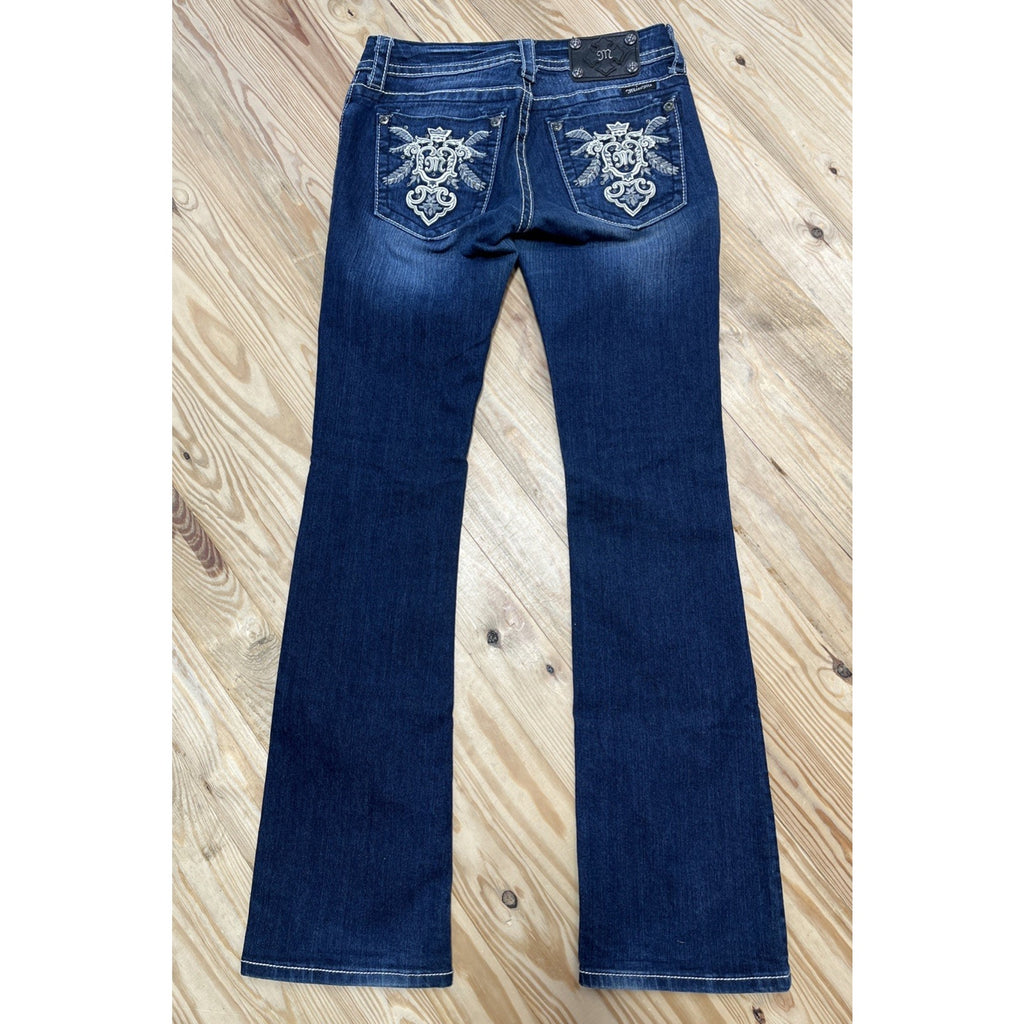Miss Me Low Rise Boot Jeans Women 28 Blue Dark Wash Embellished Denim Bootcut