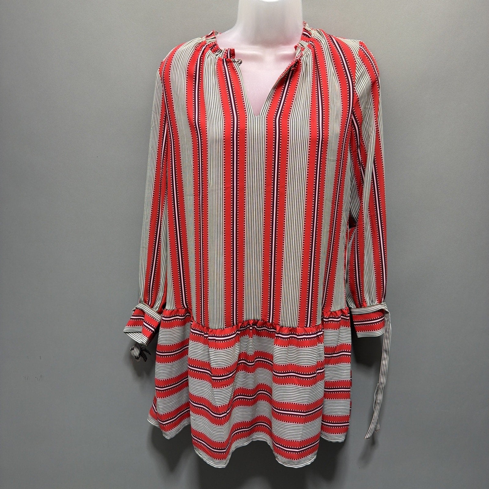 Ann Taylor Loft Red Striped Flounce Hem Shift Shirt Dress Sz XS Petite Tie Cuff