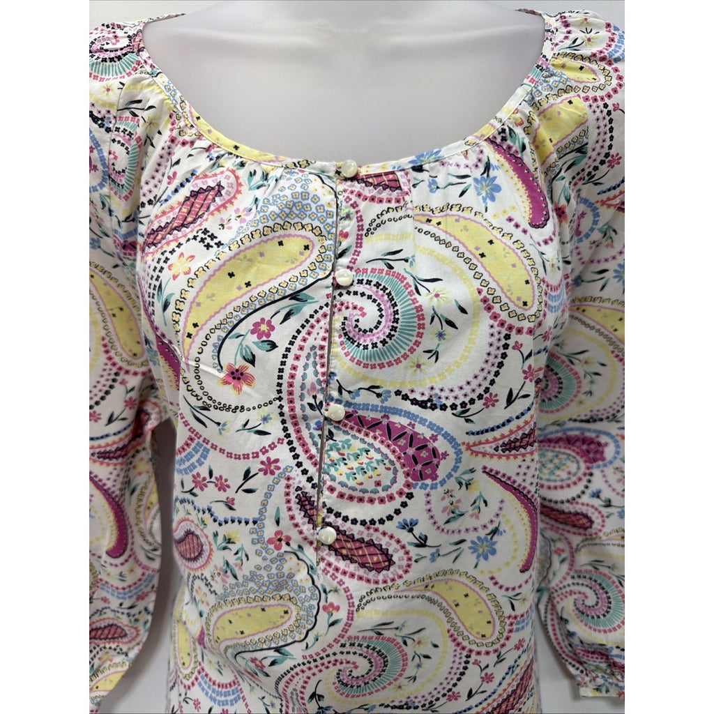 TALBOTS Fuchsia Countryside Paisley Popover Cotton Top Size Large