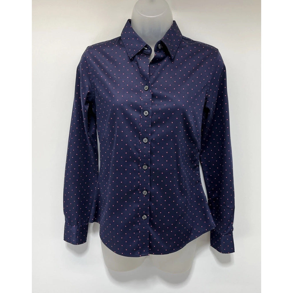 Banana Republic Non Iron Shirt Top Women’s Size 0 Button Up LS Blue W/ Pink Dots