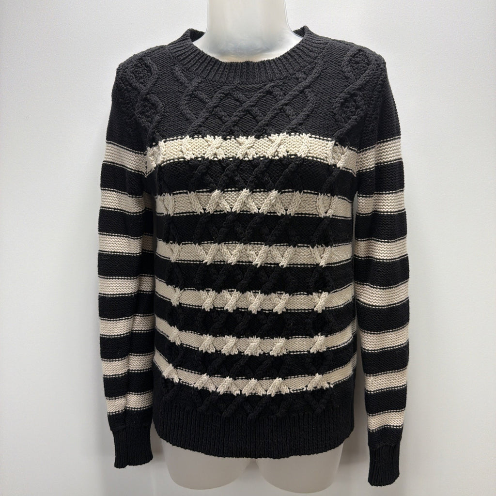 LOFT Outlet Sweater XS Black White Striped Cable Knit Crewneck Pullover