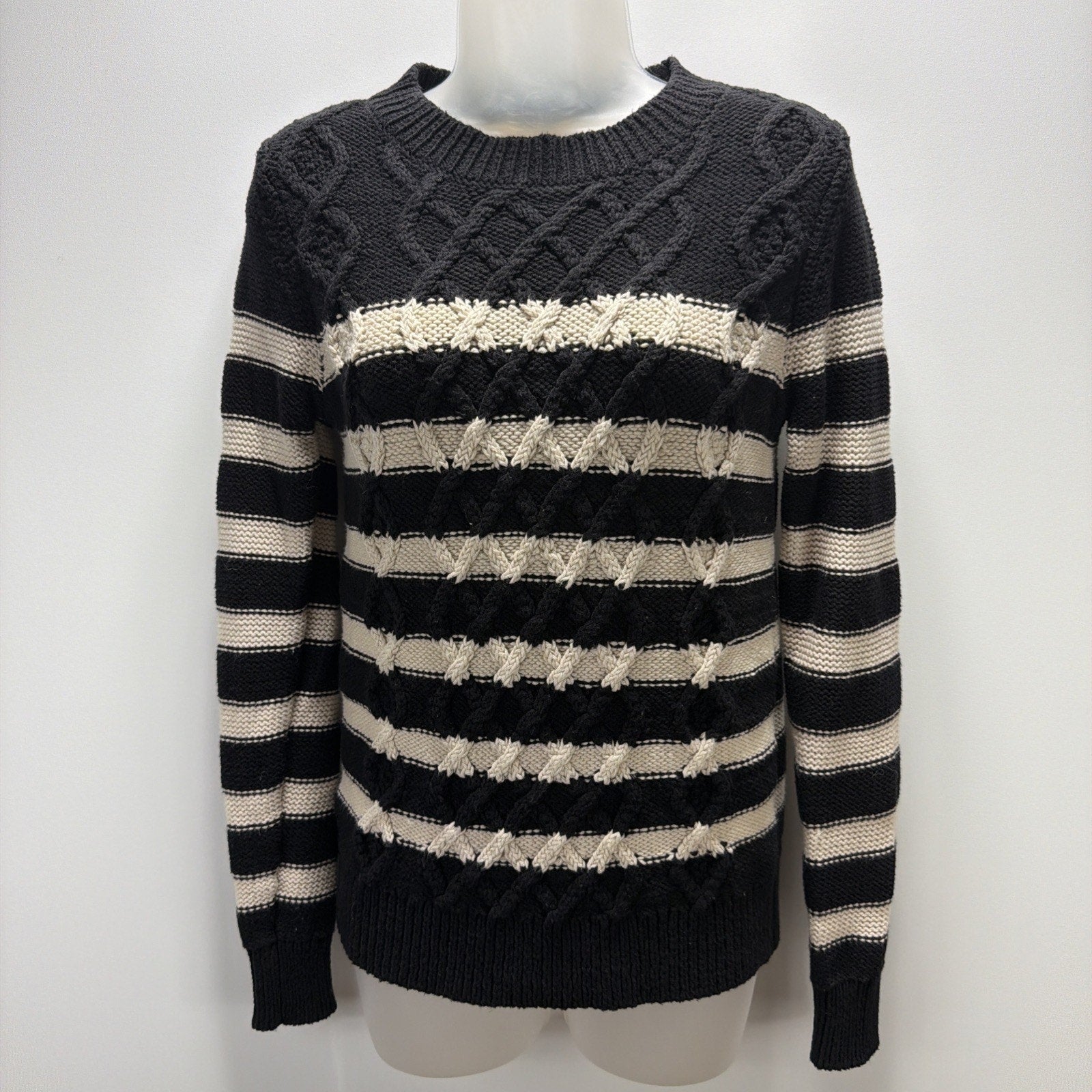 LOFT Outlet Sweater XS Black White Striped Cable Knit Crewneck Pullover
