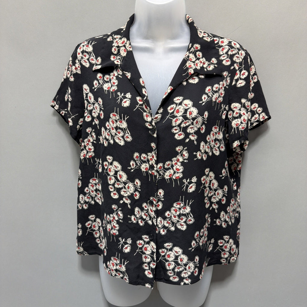 Jones New York Women’s 100% Silk Blouse Size 16 Black Floral Button Fits Small