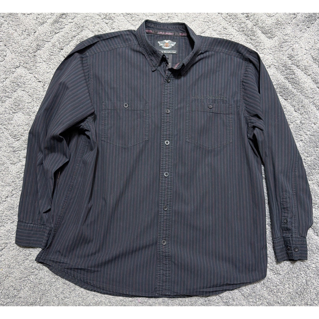 Harley Davidson Shirt Mens XL Black Striped Long Sleeve Button Down Genuine 1903