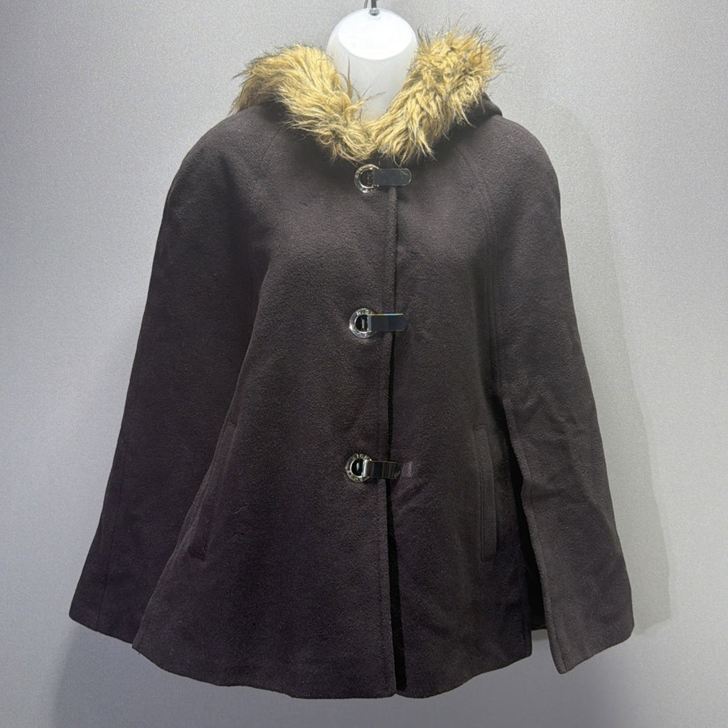 $250 Michael Kors Wool Cape Coat with Faux Fur Trim Hood Sz Large