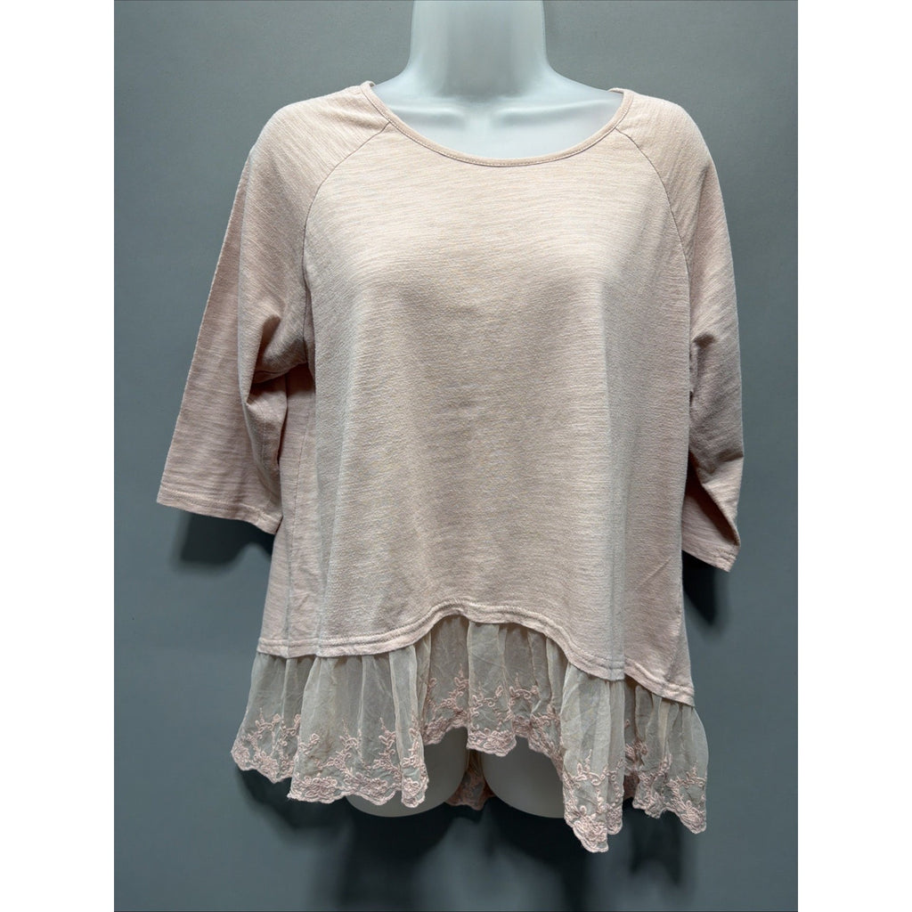 UMGEE USA Sz L Baby Doll Tunic Top Pastel Pink Lace Romantic Lagenlook