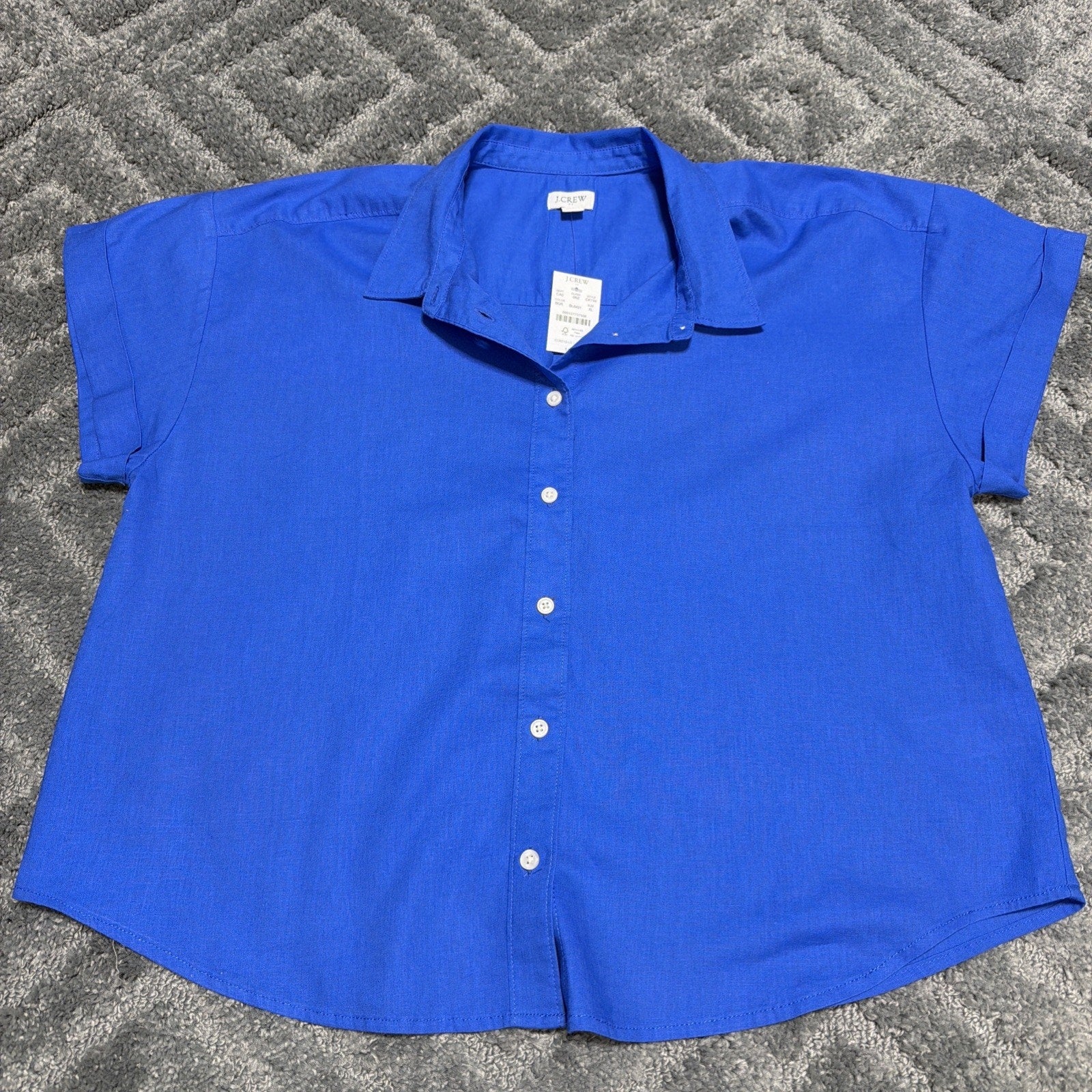 J Crew Women’s Blue Short Sleeve Cotton Linen Blend Shirt XL Beach Office New