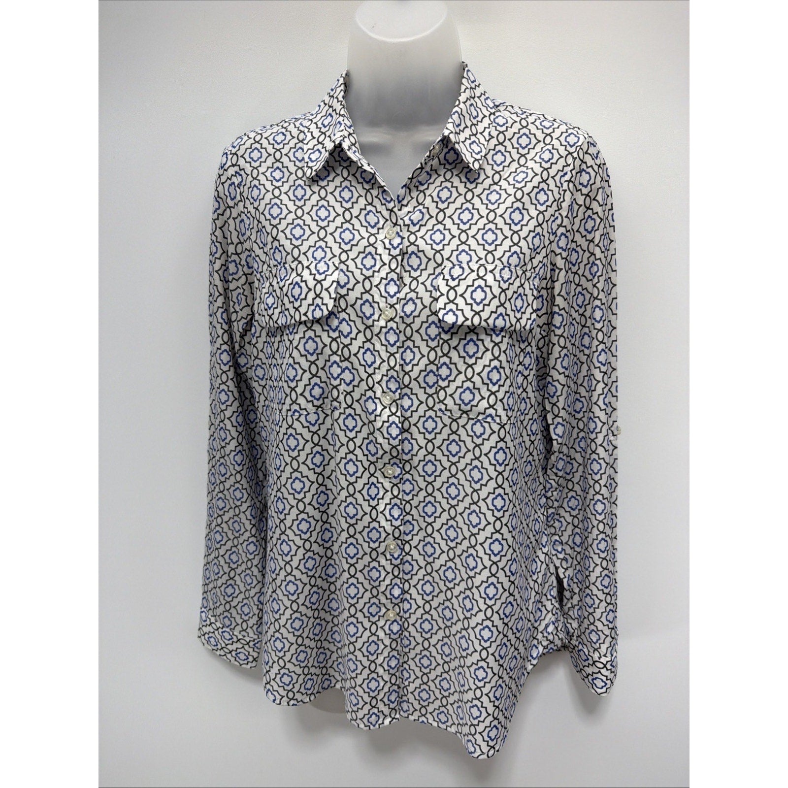 Express The City Shirt Mosaic White Blue Gray Geo Sleeve M