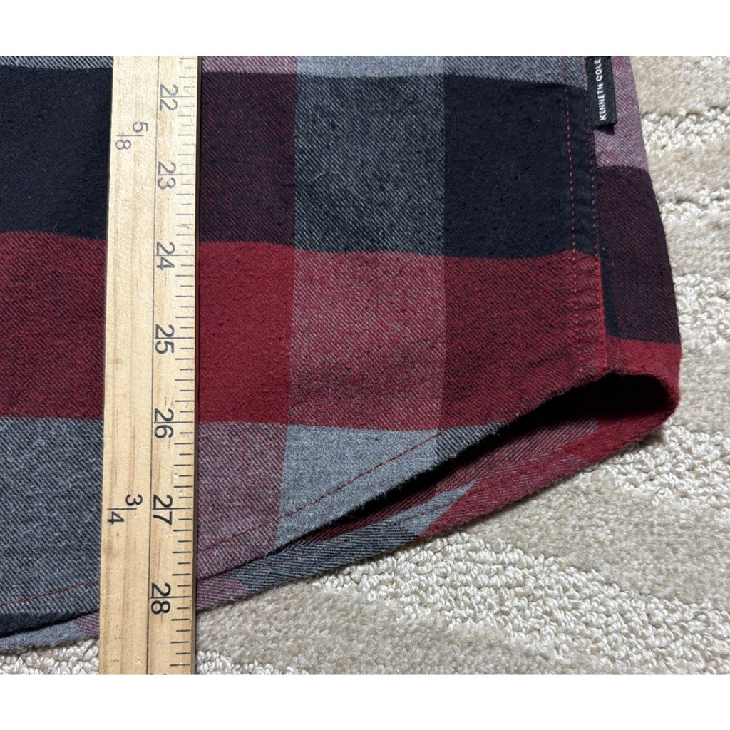 Kenneth Cole Button Down Shirt Mens Size L Red Black Plaid Flannel Slim Fit