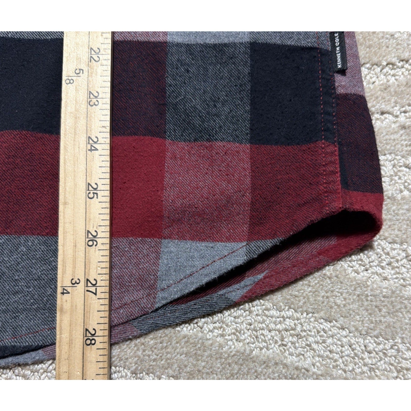 Kenneth Cole Button Down Shirt Mens Size L Red Black Plaid Flannel Slim Fit