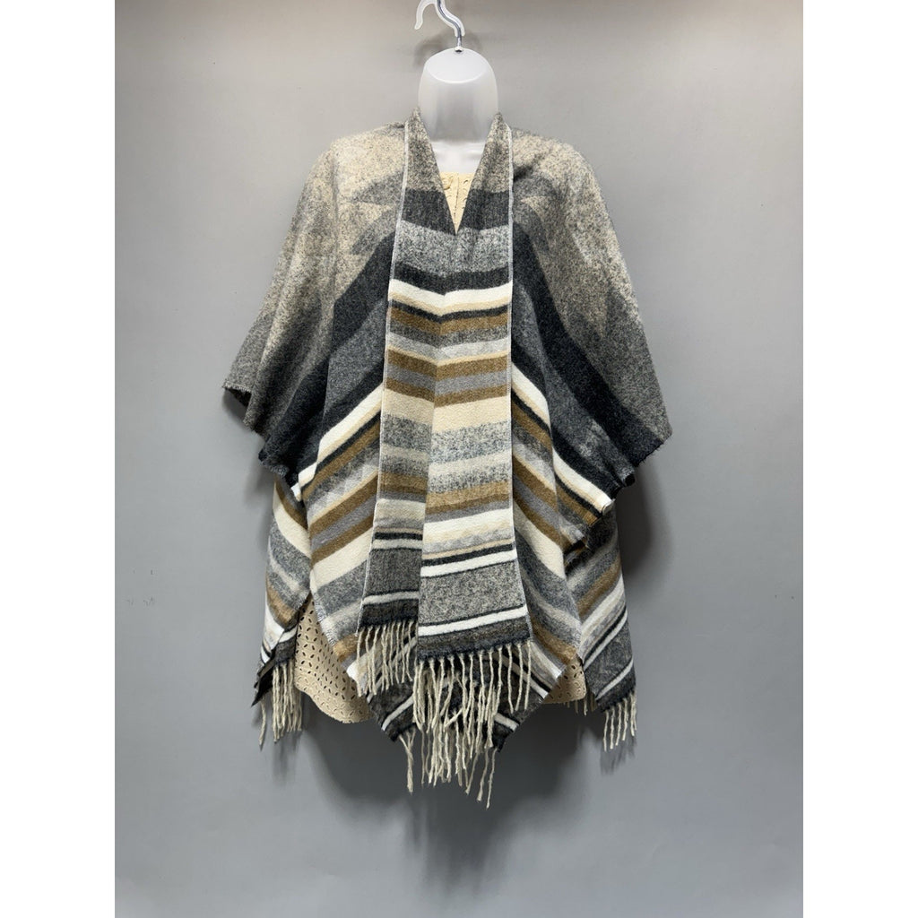 NWT Vince Camuto Ruana Poncho Wrap Shawl Black Neutral Stripe Fringe One Size