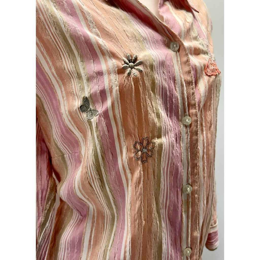 Alia Blouse Size 16W Pink Stripes Embroidered Butterflies/ Flowers 3/4 Sleeves.