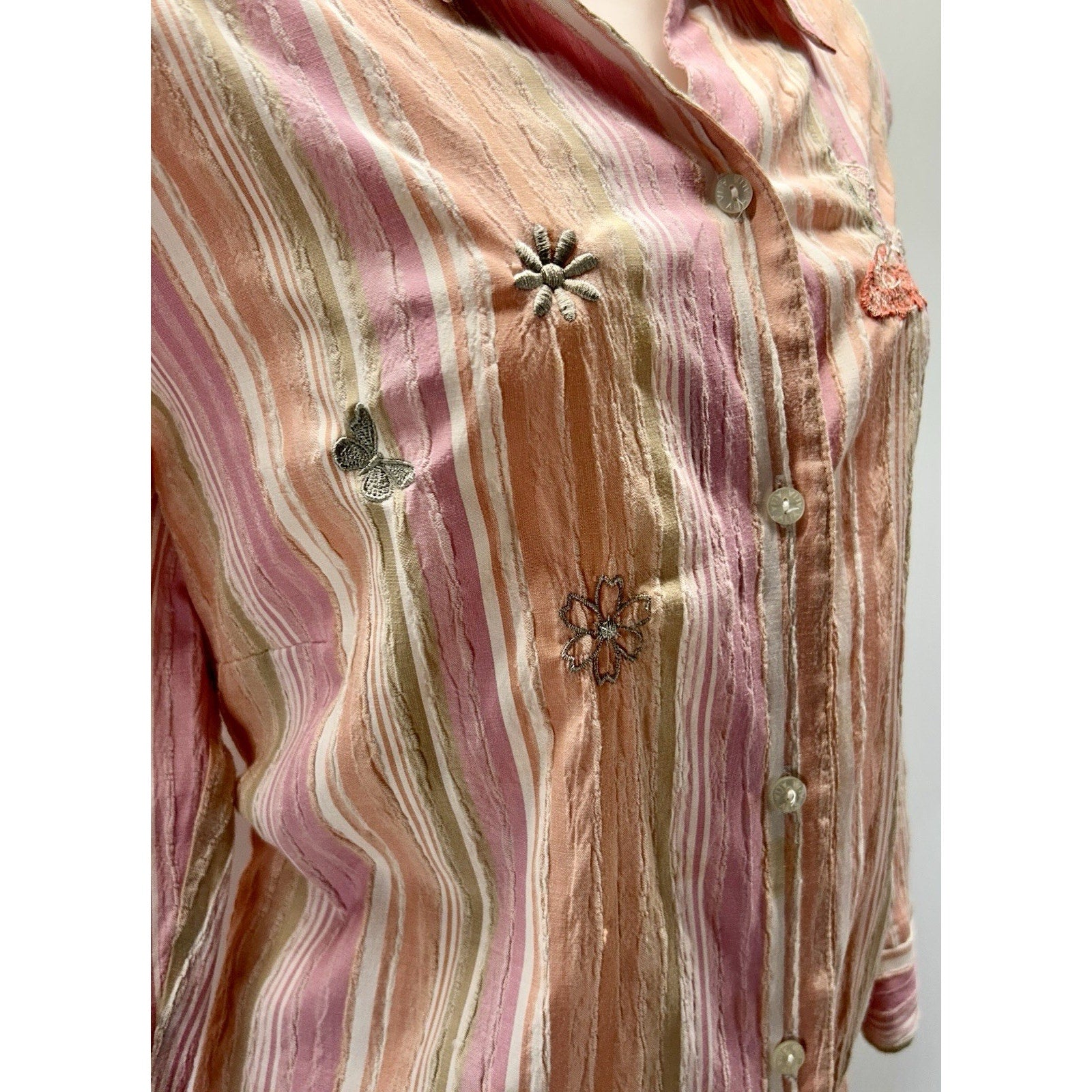 Alia Blouse Size 16W Pink Stripes Embroidered Butterflies/ Flowers 3/4 Sleeves.