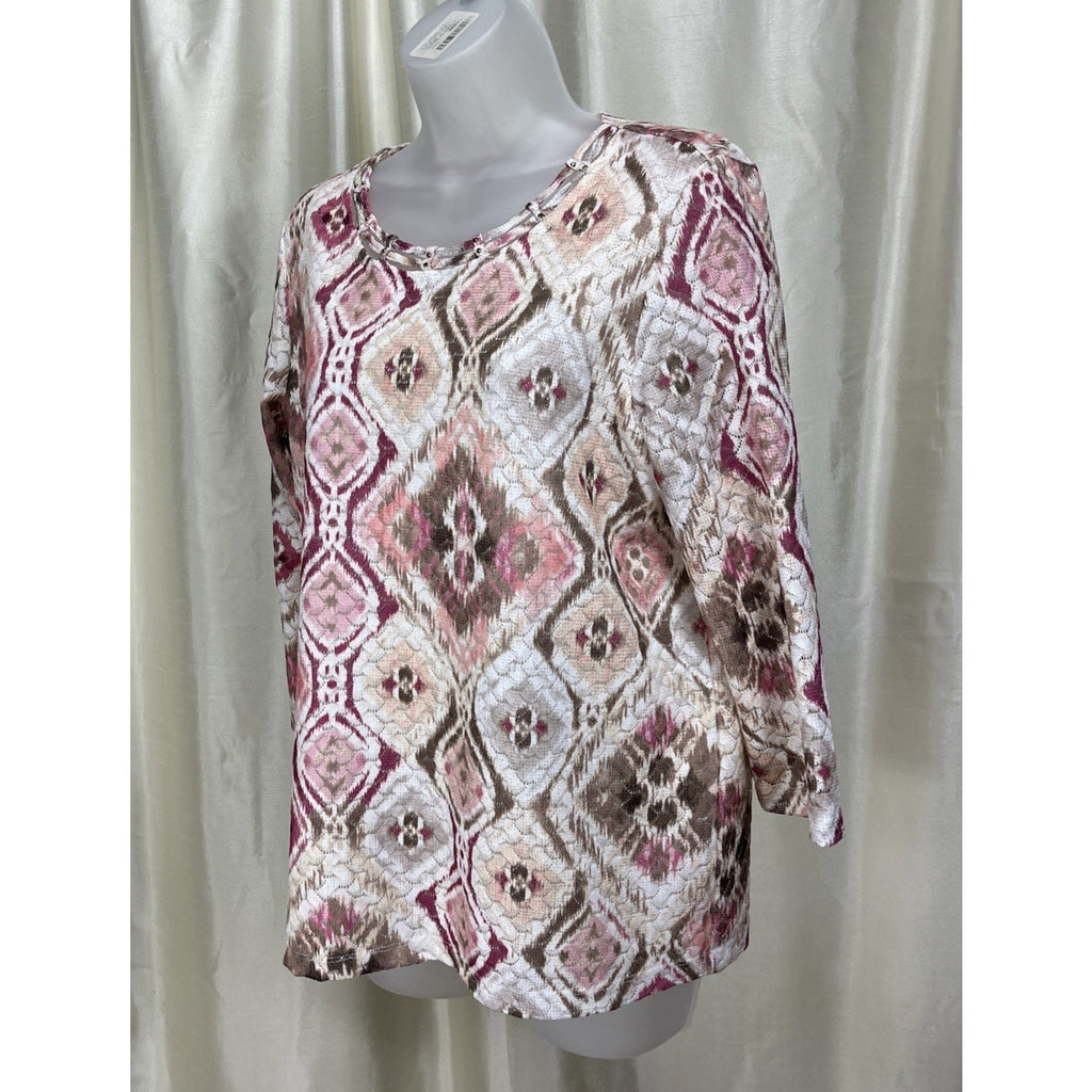 Alfred Dunner Quilted Shirt Women's Small Lined Pink Abstract Jewels 3/4 Sleeve