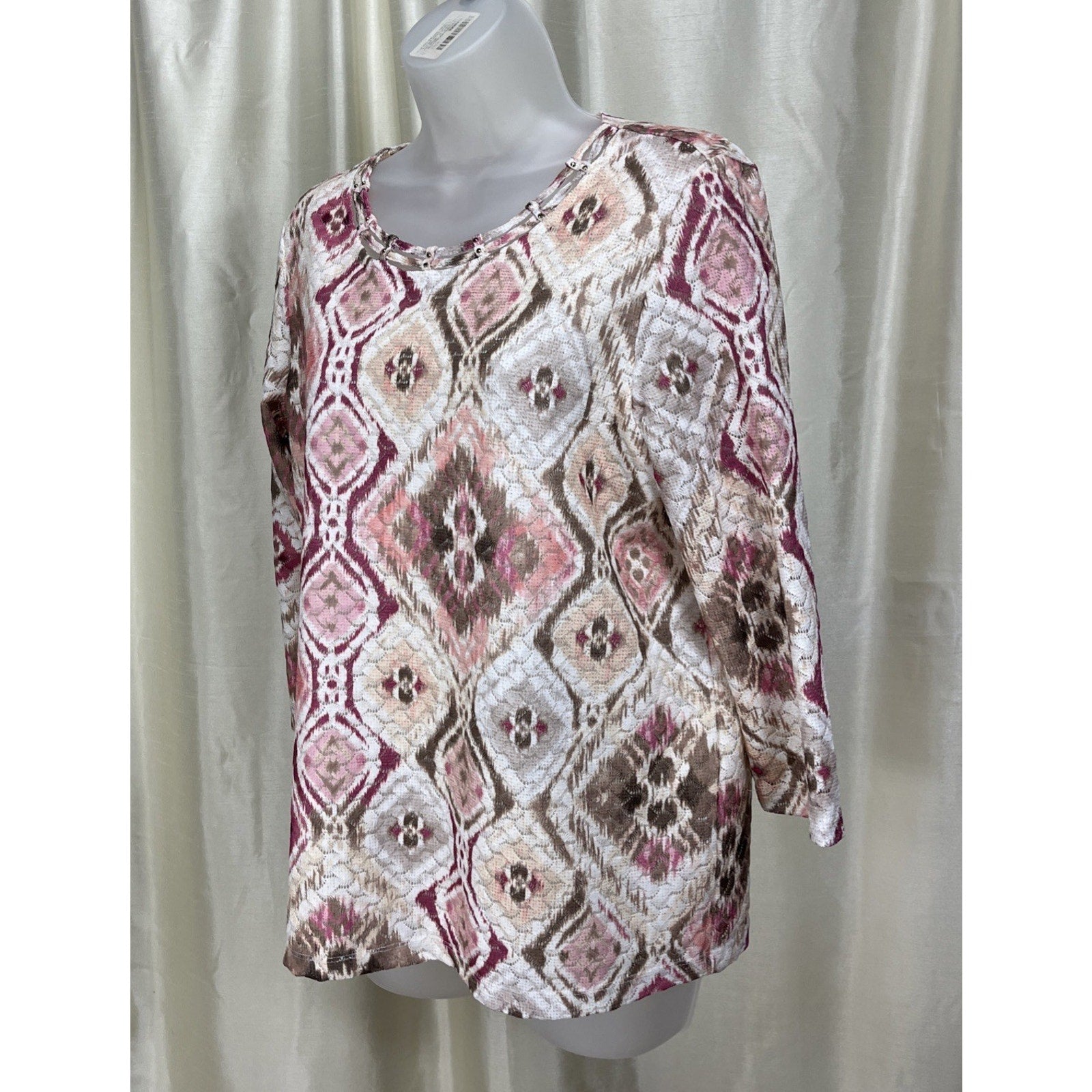 Alfred Dunner Quilted Shirt Women's Small Lined Pink Abstract Jewels 3/4 Sleeve