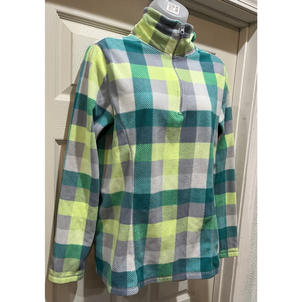 Old Navy Fleece Pullover Large Green Blue Plaid 1/4 Zip Jacket Sweater Women