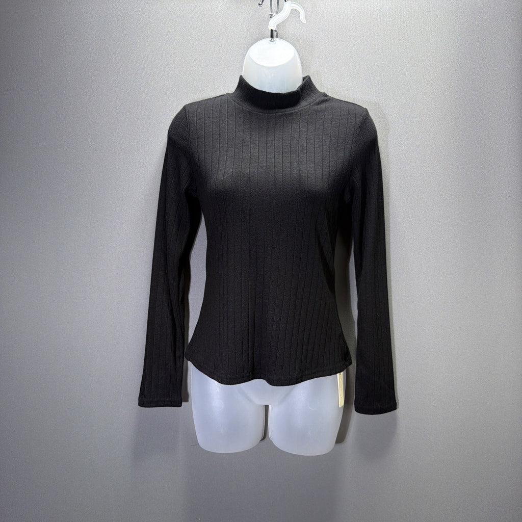OGL Mock Neck Top Women M Black Ribbed Long Sleeve Minimalist Slim Fit NWT
