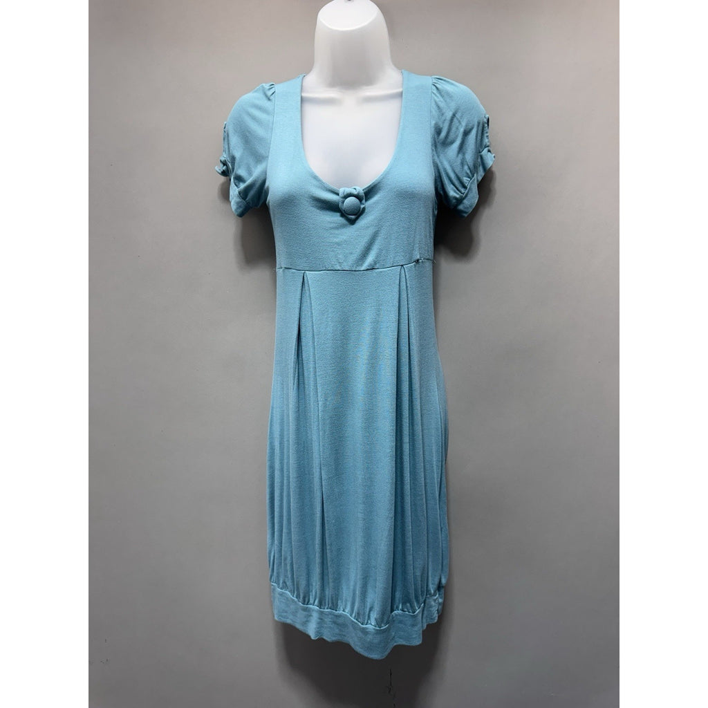 I.ner Turquoise Short Sleeve Dress Empire Waist V Neck Juniors Size Large