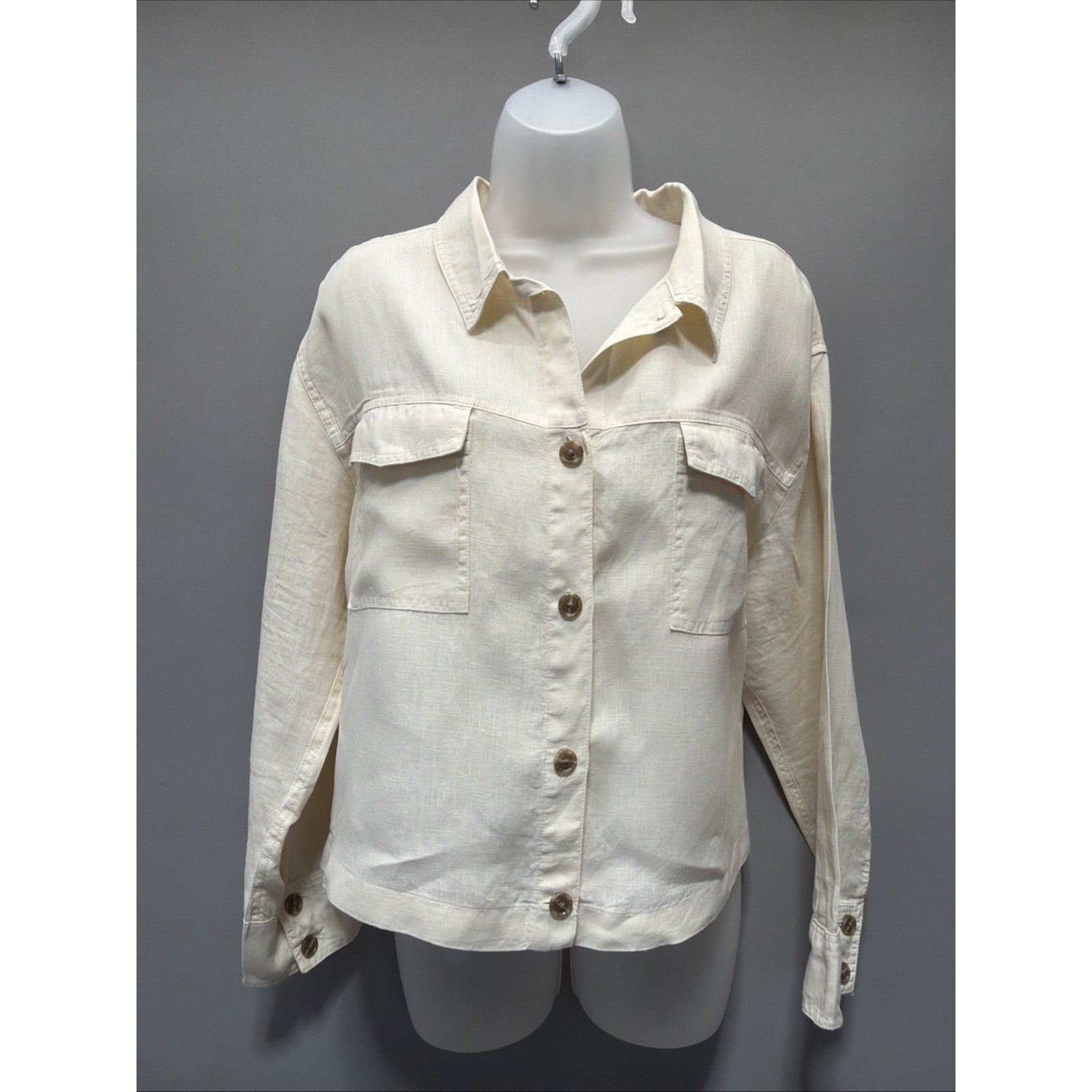 Rachel Zoe 100% Linen Long Sleeve Button Down Shirt Large Ivory Beachy Classic L