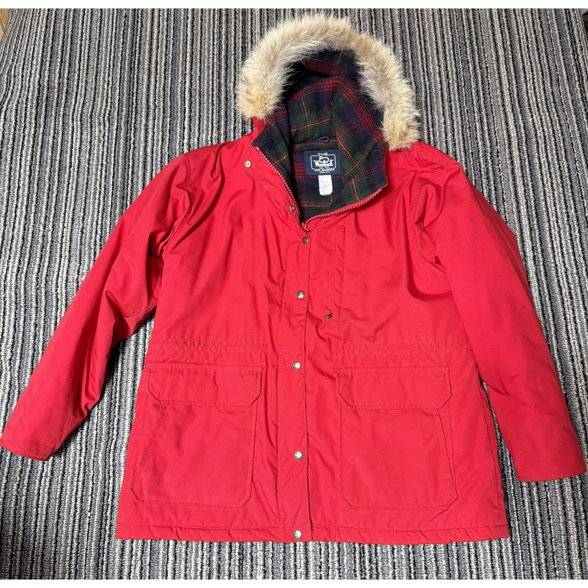 Vintage Woolrich Jacket Womens L Red Wool Lined Parka Coyote Fur Hood Made USA