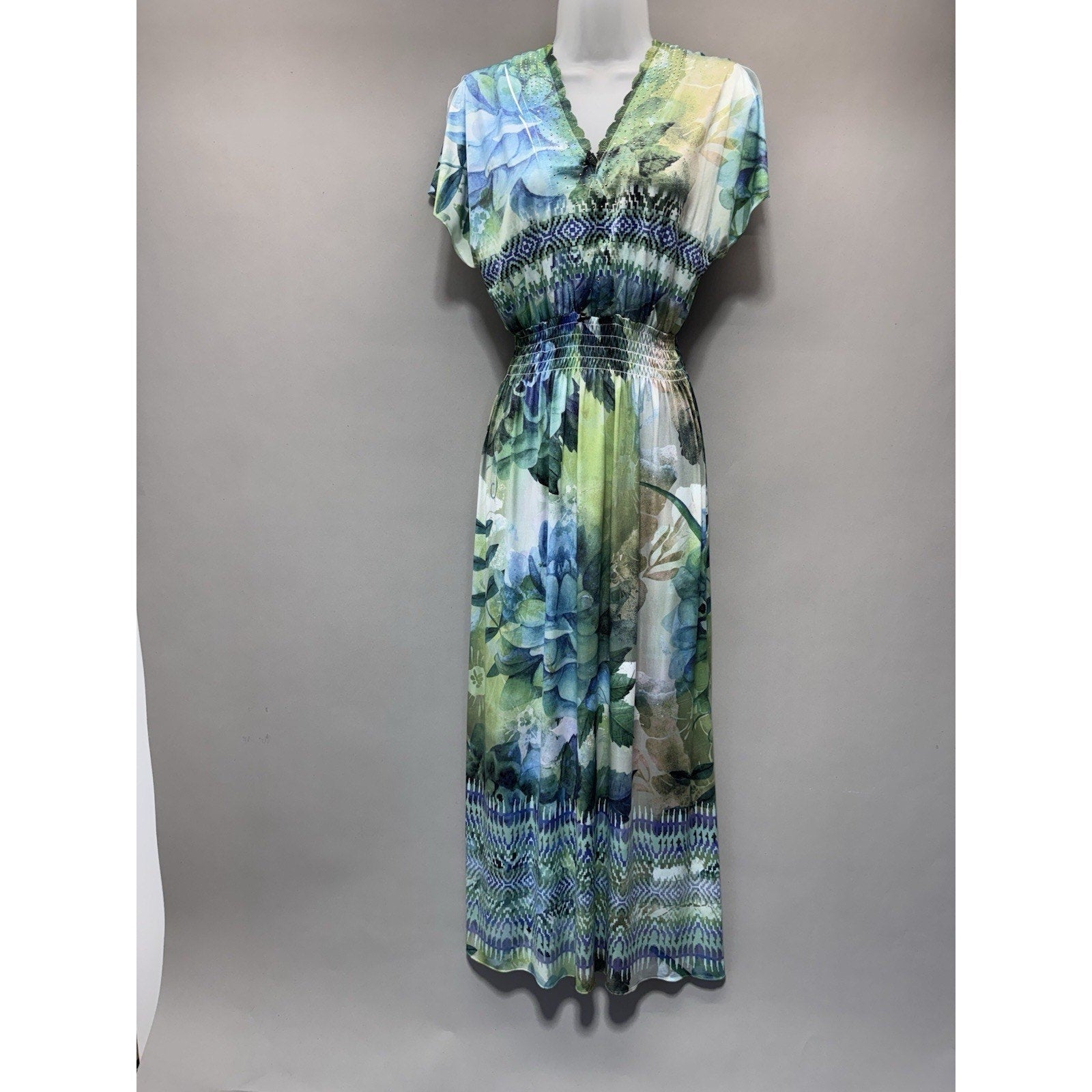 One World Live & Let Live SP Petite Maxi Dress Blue Green Beaded Boho