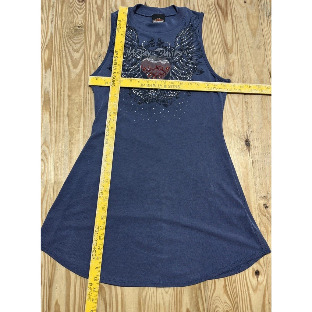 Harley Davidson Tunic Blue Embellished Rhinestones Heart And Soul Graphic Size M