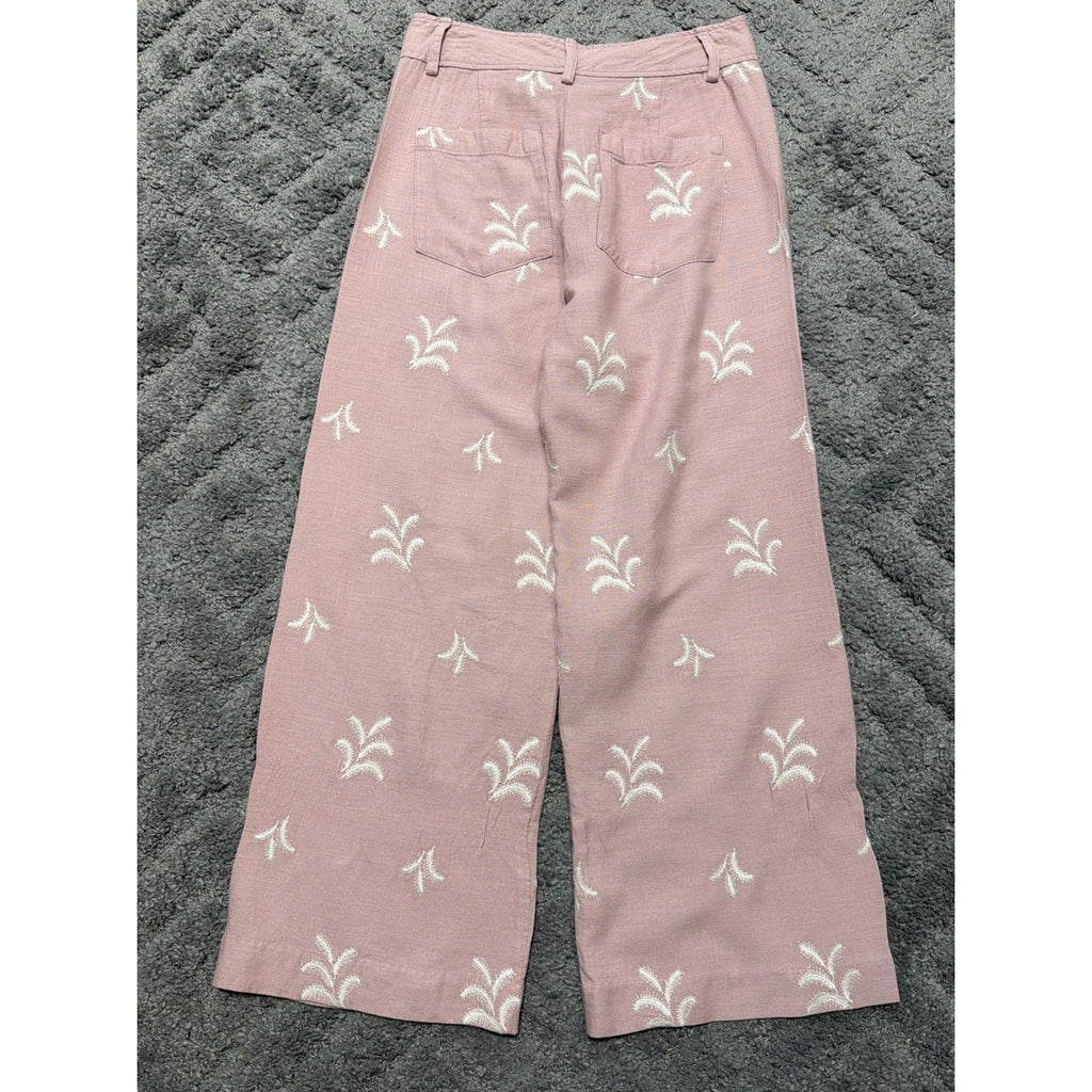 ELIE TAHARI Soft Mauve Linen Blend Pants Embroidered Motif Size 4 Beachy Casual