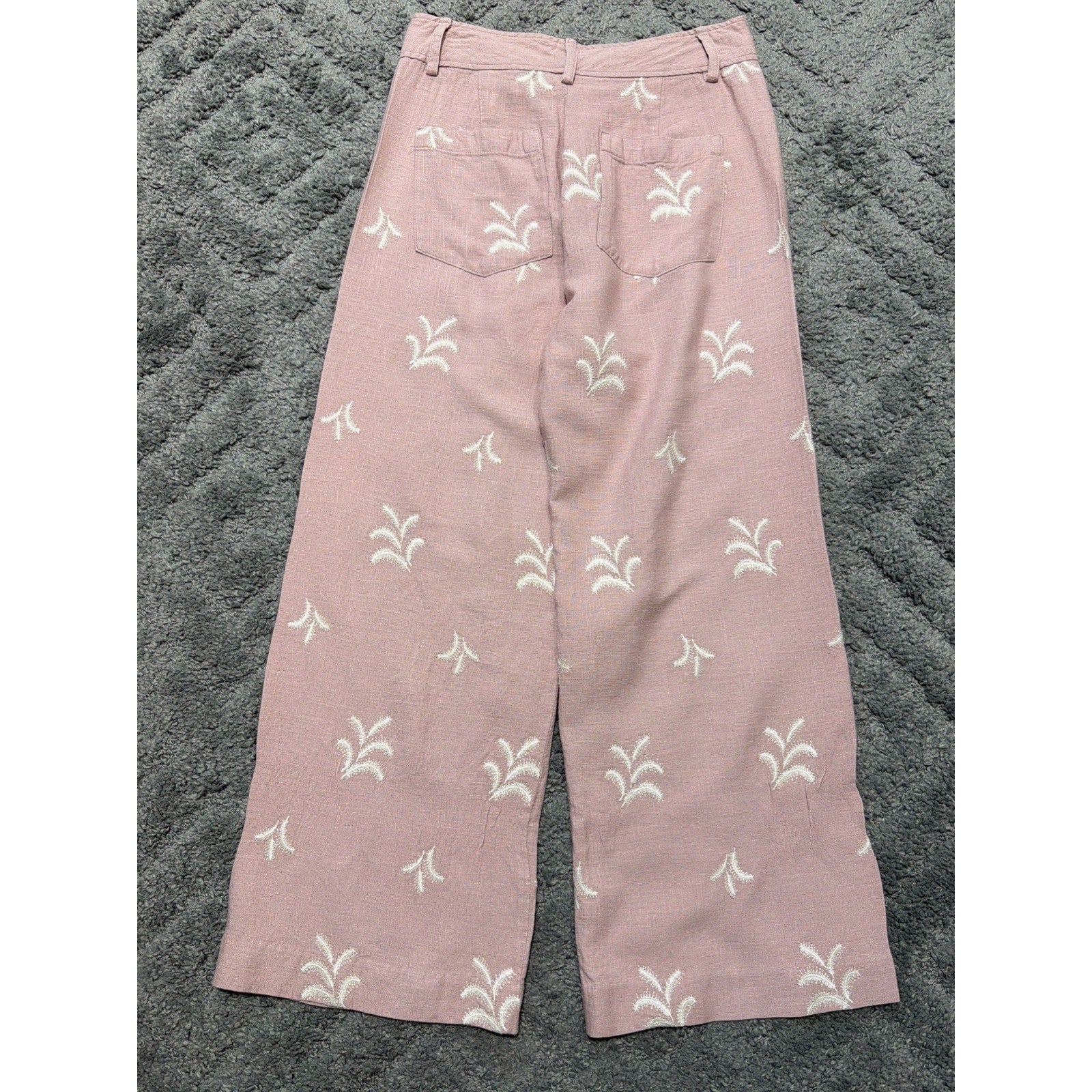ELIE TAHARI Soft Mauve Linen Blend Pants Embroidered Motif Size 4 Beachy Casual