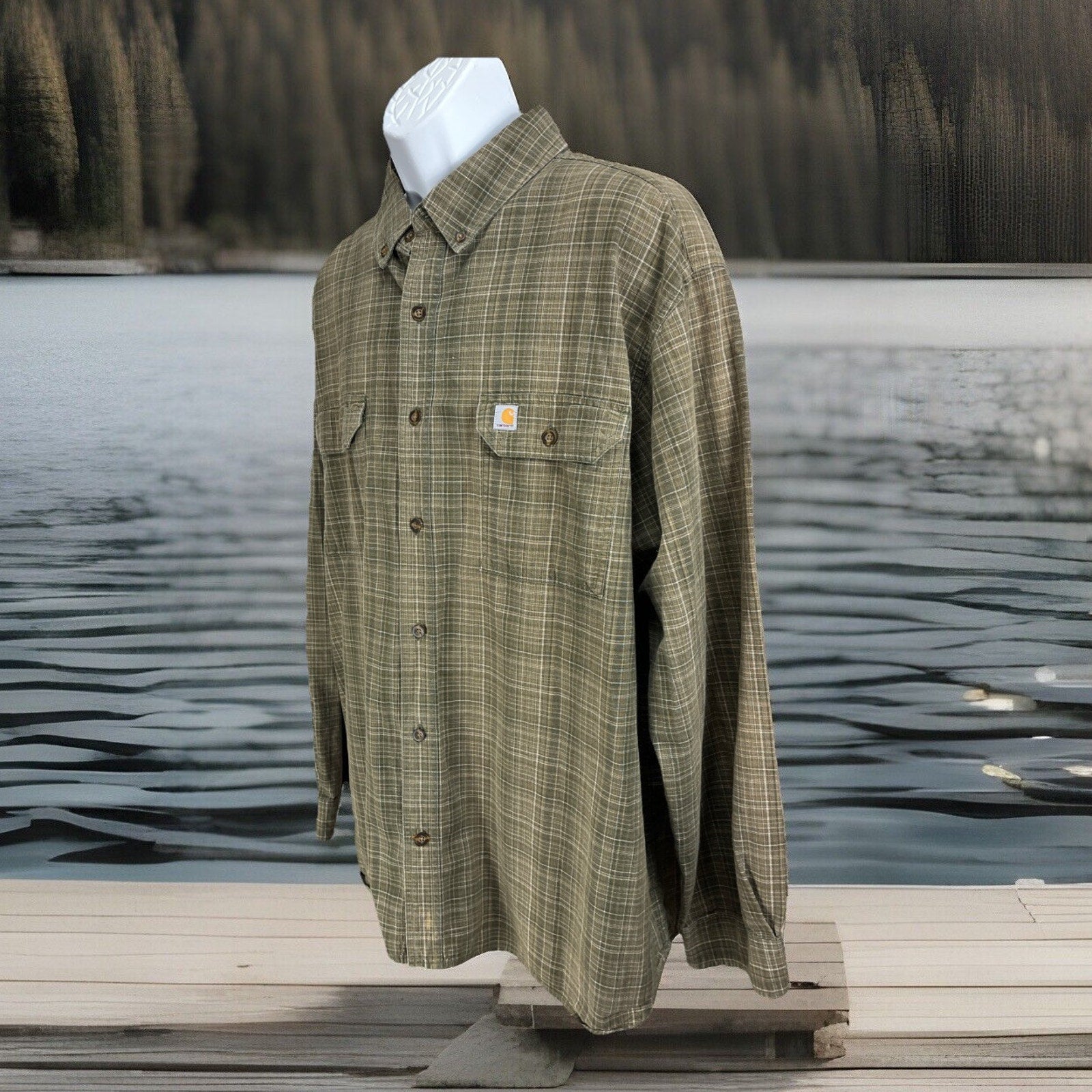 Carhartt Flannel Shirt Men's Size XL Heavyweight Cotton Plaid Original Fit Green