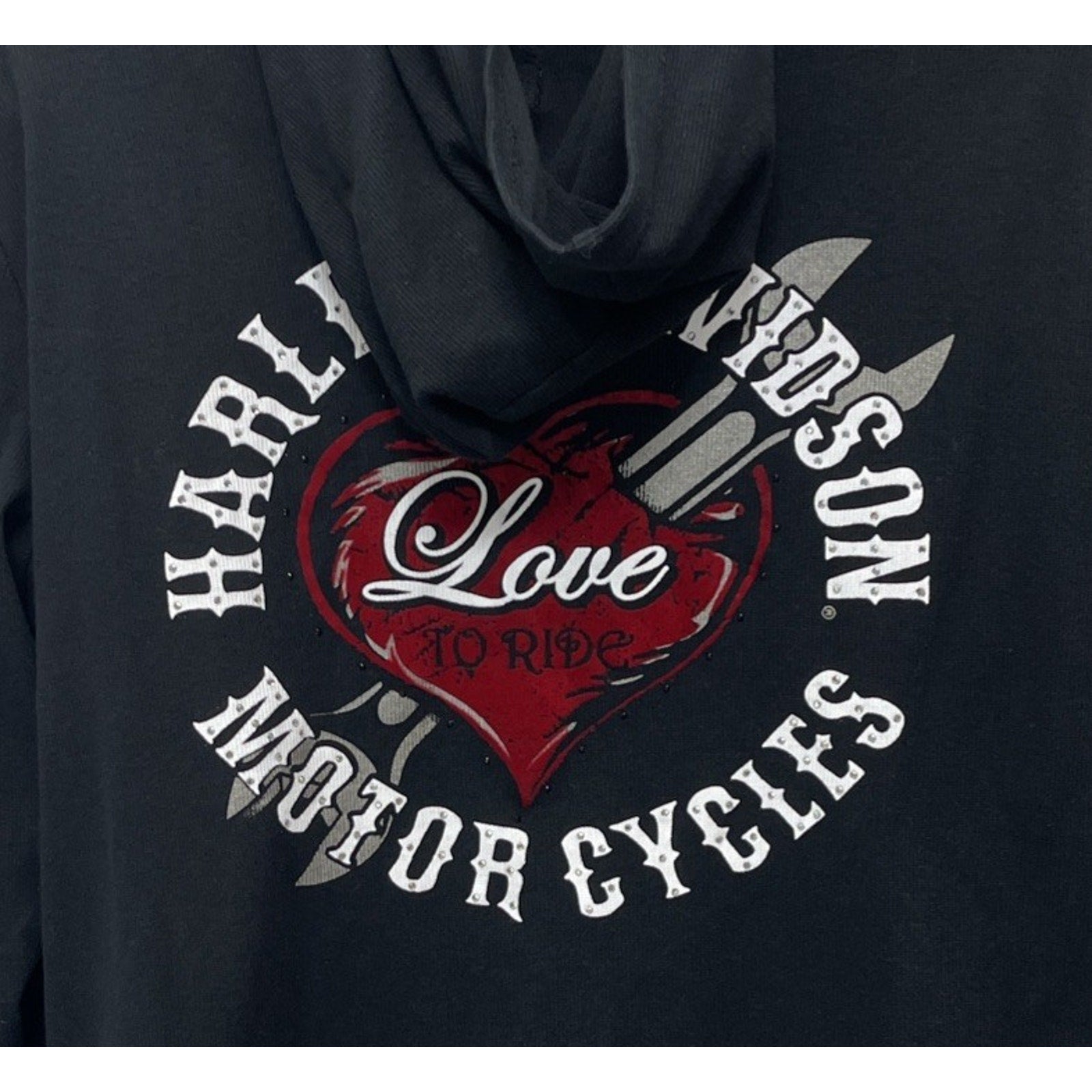 Black Love to Ride Harley Davidson bling velvet heart long sleeve Hoodie Sz 1W