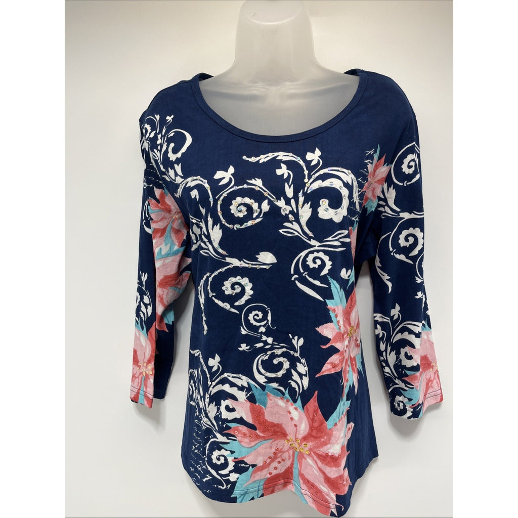 Take Two Navy Blue White Red Sequins 3/4 Sleeve Floral Top Womens Cotton Large
