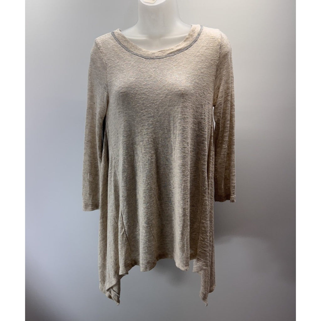 ODDY Knit Oatmeal-Navy Blue Plaid Back Blouse 3/4 Sleeve Women’s Size Small USA