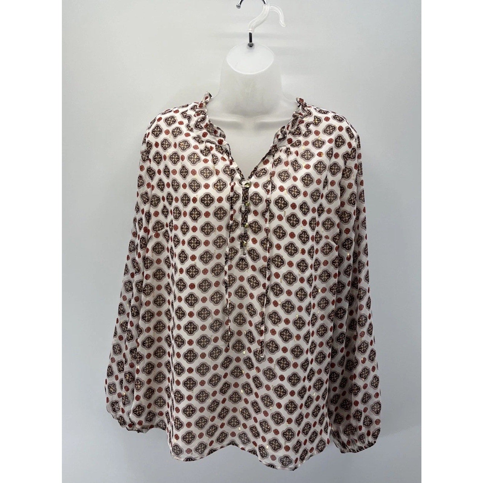 Talbots Damask Print Blouse Size L Floral 1/2 Lined Button Up Semi Sheer Boho