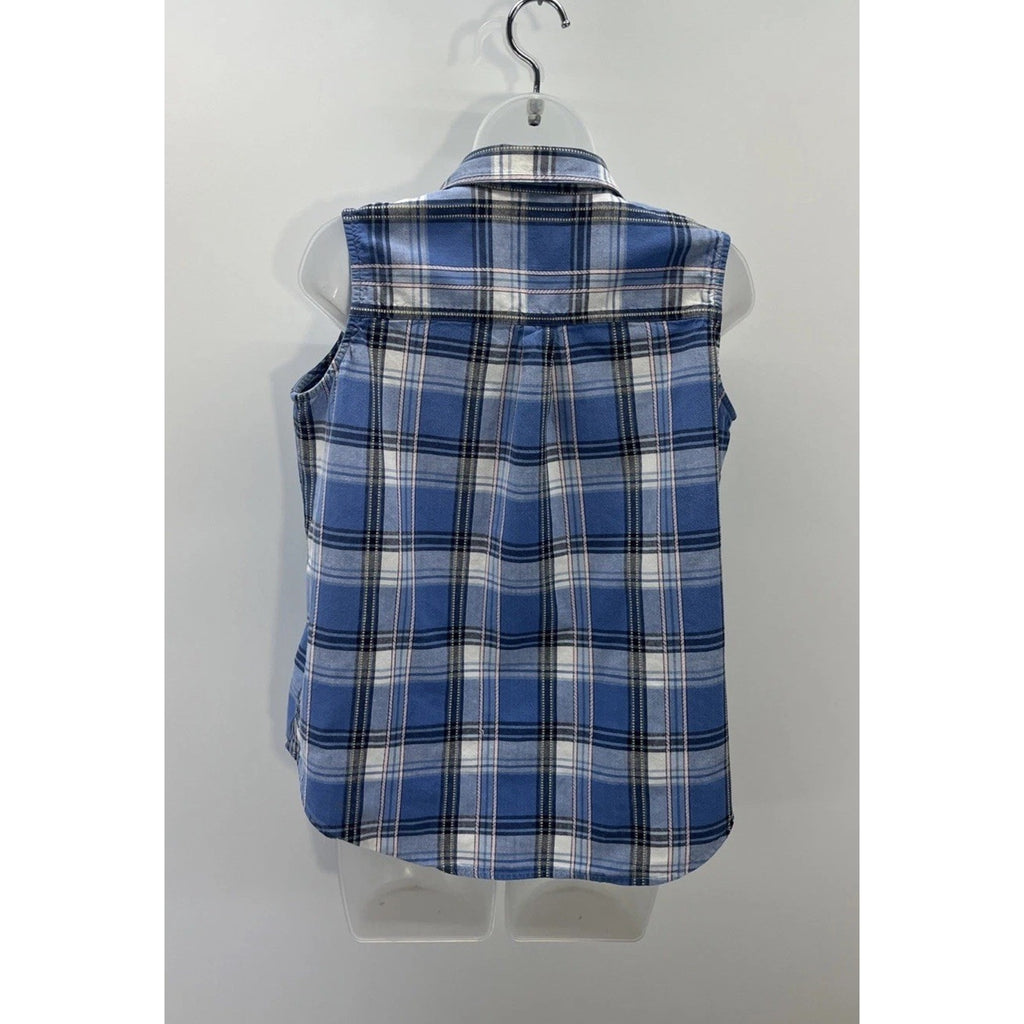 Cabin Creek Womens Blue Plaid Sleeveless Collared Button-Up Shirt Size Petite L
